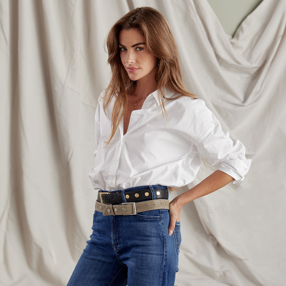 Hammitt | Women's Charlie Reversible Belt Med - Black / Pew / Brushed Silver